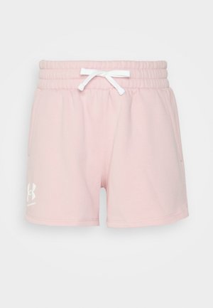 Světlounce růžové sportovní šortky s šňůrkou v pase, bočními kapsami a bílým logem na spodní levé straně. Měkká textilie.