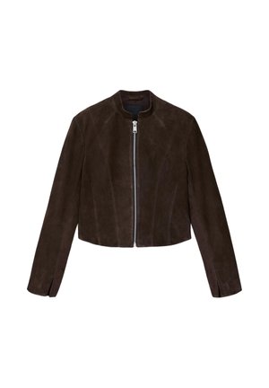 Veste en daim brun foncé avec une fermeture éclair argentée à l'avant, manches longues et un design court sans col.