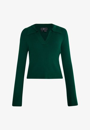 Grøn ribbet strikpullover med lange ærmer, V-hals og krave-design. Har en tætsiddende silhuet med en glat tekstur.