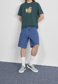 Grøn grafisk t-shirt med tegneserieprint, blå denim shorts, hvide sokker og grønne og hvide ternede slips-on sneakers.