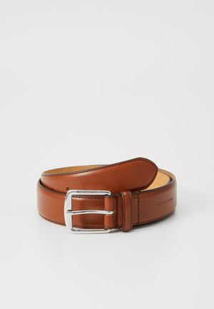Brown leather belt with a smooth texture, featuring a silver double-prong buckle and neat stitching detail along the edges.