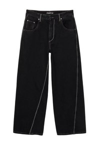 Sorte vide benjeans med kontraststing, fem lommer og knaplukning, vist på en hvid baggrund.