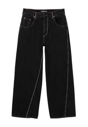 Black wide-leg jeans with contrast stitching, five pockets, and button closure, displayed on a white background.