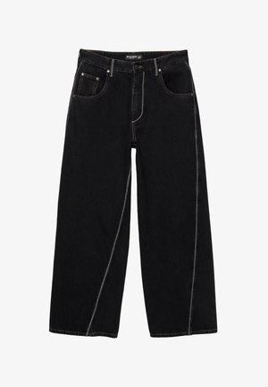 Jeans negre cu picioare largi, cu cusături contrastante, cinci buzunare și închidere cu nasture, expuse pe un fundal alb.