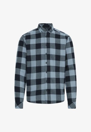 Knappet skjorte i blå og sort ternet mønster, lavet af et blødt stof, med spidse krave, lange ærmer og lige kant.