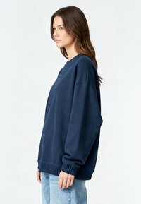 Tumši zila pārāk liela džemperis ar garām piedurknēm, ribotas aproces un maliņa, izgatavots no mīksta materiāla. Pāris ar gaiši ziliem džinsiem.