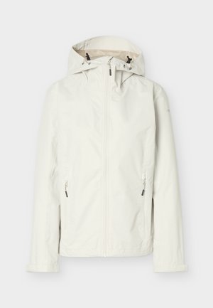 Valge kapuutsiga jope esilukuga ja kahe luku küljetaskuga, loodud välistingimustes kandmiseks.