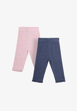 Due paia di leggings a coste: una in rosa morbido con orlo arricciato, l'altra in blu scuro. Entrambi presentano una vita elasticizzata e un design aderente.