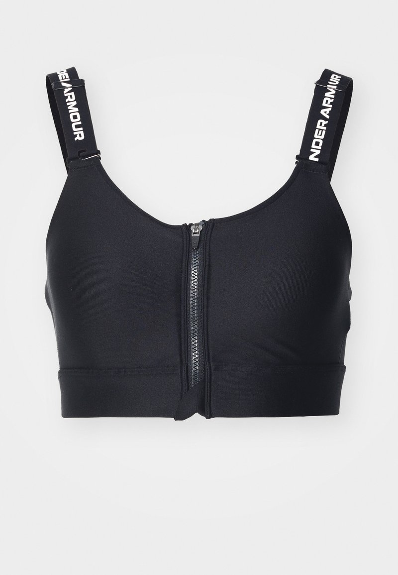 Soutien-gorge de sport noir avec fermeture éclair à l'avant et bretelles réglables, arborant le texte blanc "Under Armour".