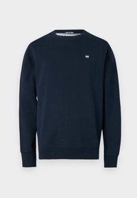 Marineblå sweatshirt lavet af blødt stof, med rund hals, lange ærmer og et lille mærke på brystet. Glat tekstur.