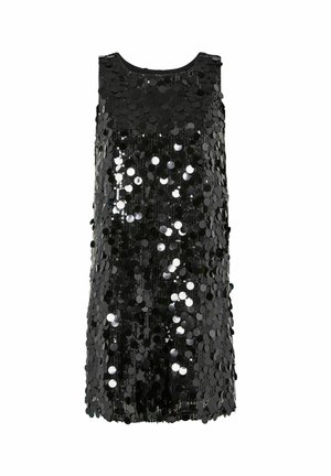 Robe noire sans manches recouverte de sequins circulaires, dotée d'un col rond et d'une coupe droite, créant une surface réfléchissante et texturée.