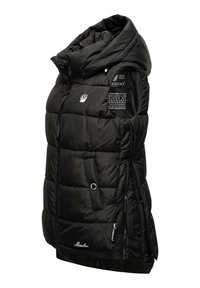 Gilet rembourré noir avec un col haut, fermeture éclair à l'avant et poches latérales. Présente des panneaux cousus et un logo sur la poitrine. Texture lisse.