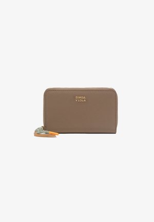 Brown faux leather wallet with a zip closure, gold logo embossed, and a detachable keychain accent in green and orange.
