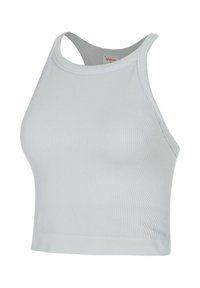 Hellgraues, geripptes Crop-Top mit hohem Ausschnitt und weiten Armausschnitten. Es verfügt über einen strukturierten Stoff und eine figurbetonte Silhouette.