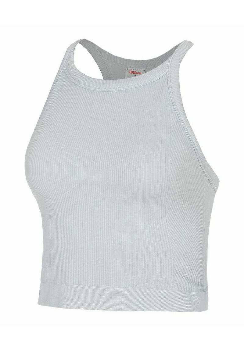 Hellgraues, geripptes Crop-Top mit hohem Ausschnitt und weiten Armausschnitten. Es verfügt über einen strukturierten Stoff und eine figurbetonte Silhouette.