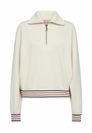 Cremefarbener Pullover mit langen Ärmeln, halbem Reißverschluss am Kragen und geripptem Saum sowie Bündchen mit marineblauen und rosa Streifen.