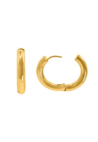 Boucles d'oreilles en or avec une finition lisse, présentant un design incurvé et un fermoir à charnière. Les dimensions soulignent une forme de boucle importante.