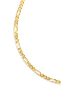 Gold-colored chain necklace featuring elongated links with a polished finish, exhibiting a smooth texture and uniform design.