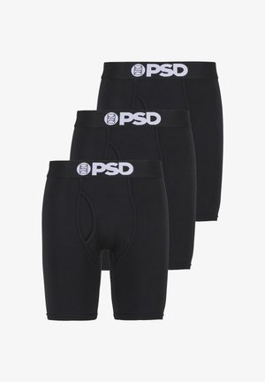 Boxer neri con logo "PSD" bianco in vita, tessuto elasticizzato e design aderente con lunghezza a metà coscia. Tre paia mostrati.
