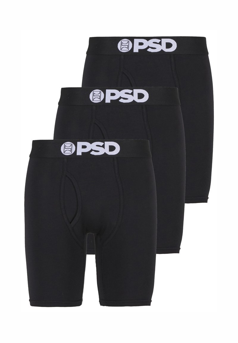 Zwarte boxershorts met een witte "PSD"-logo op de tailleband, rekbare stof en een aansluitend ontwerp met een lengte tot halverwege het bovenbeen. Drie paar weergegeven.