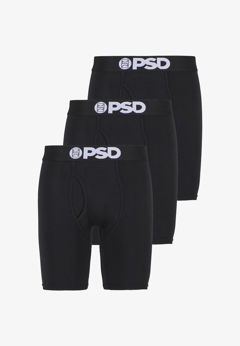 Zwarte boxershorts met een witte "PSD"-logo op de tailleband, rekbare stof en een aansluitend ontwerp met een lengte tot halverwege het bovenbeen. Drie paar weergegeven.