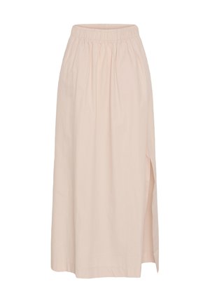 Bež duga suknja s elastičnim pojasom i bočnim prorezom na desnoj strani, napravljena od lagane tkanine za svakodnevno nošenje.