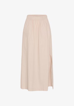 Beige pitkä hame, jossa on joustava vyötärönauha ja oikealla sivulla halkio, valmistettu kevyestä kankaasta arkipukeutumiseen.