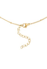 Gold chain necklace with linked oval segments, featuring a lobster clasp closure and an adjustable length chain with rounded links.
