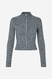 Pulover gri texturat, tricotat, cu fermoar, guler înalt, siluetă conică și mâneci lungi, prevăzut cu fermoar frontal pentru închidere.