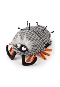 Plush spider toy with gray checkered body, fuzzy white hair, big eyes, black fangs, and eight orange speckled legs on white background.