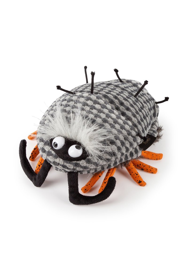 Plush spider toy with gray checkered body, fuzzy white hair, big eyes, black fangs, and eight orange speckled legs on white background.