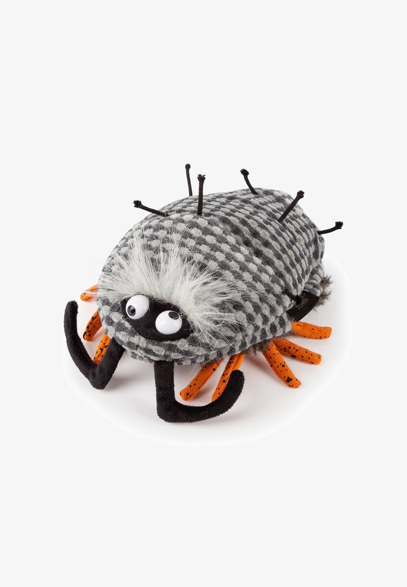 Plush spider toy with gray checkered body, fuzzy white hair, big eyes, black fangs, and eight orange speckled legs on white background.