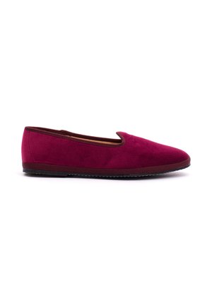Burgundy slip-on flat shoe with a soft suede upper and a thin brown sole, designed for casual or indoor wear.