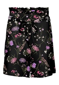 Shorts en tissu noir à motif floral avec des fleurs roses, violettes et blanches. Comprend un lien en tissu assorti à la taille et une ceinture froncée.