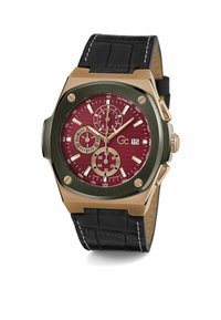 Orologio quadrato con cadran bordeaux, dettagli in bronzo e verde, cinturino in pelle nera, funzioni cronografiche e display della data alle 3.