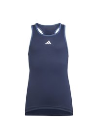 Námornícky modrý športový top s vlekom vyrobený z látky odvádzajúcej vlhkosť. Disponuje dizajnom s prekríženými ramienkami a bielym logom na prednej strane.