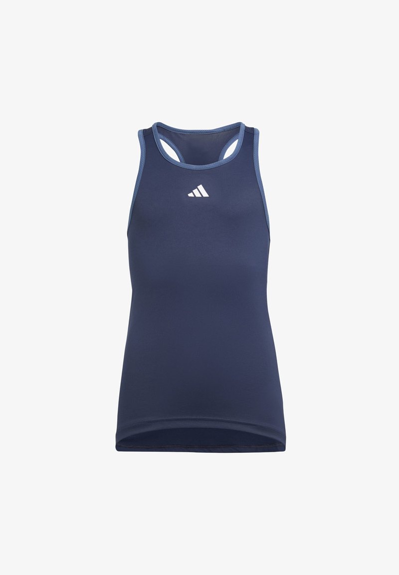 Marinblå atletisk tank topp laget av fukttransporterende stoff. Har design med racerback og hvit logo på forsiden.