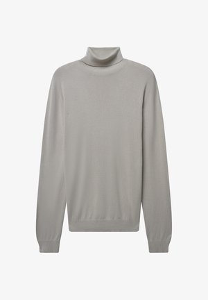 Pull à col roulé gris clair avec manches longues. Présente une coupe décontractée et un col, des poignets et un ourlet côtelés. Tissu en maille douce avec une texture lisse.