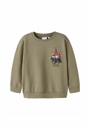 Felpa color khaki con polsini e orlo a coste, caratterizzata da una grafica di un procione, una volpe e un orso con il testo "AMICI" sotto.
