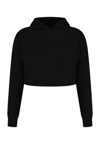 Sweat à capuche court noir avec manches longues, poignets côtelés et capuche attachée, présenté sur fond blanc uni.