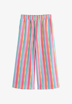Wijde broek met elastische taille, voorzien van verticale pastelkleurige strepen in roze, oranje, geel, groen, blauw en paars op een gestructureerde stof.