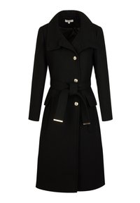 Abrigo de lana negro con cuello de muesca, botones dorados, cinturón en la cintura y bolsillos frontales. Textura suave con un ajuste entallado.