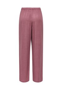 Pantalon ample taille haute mauve avec ceinture élastique et coupe droite, fabriqué en tissu léger texturé.