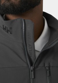 Primer plano de una persona que lleva una chaqueta oscura de Helly Hansen con dos cremalleras visibles y una camisa de color claro con cuello debajo.