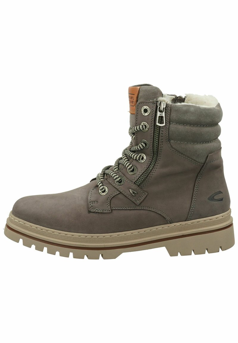 Grauleder-Ankle-Boot mit strukturiertem Obermaterial, Wollfutter, Schnürung und Reißverschluss, ausgestattet mit einer dicken, geriffelten Gummisohle.