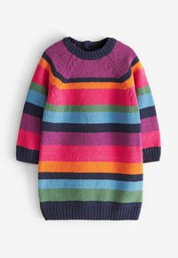 Farbenfrohes gestricktes Kleid mit lebhaften Streifen in Pink, Lila, Orange, Grün und Blau. Rundhalsausschnitt und lange Ärmel mit gerippten Bündchen.