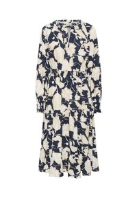 Dolga majica, mornarsko modra obleka s cvetličnim vzorcem v kremasti barvi. Ima zložen pas in slojevito krilo, izdelana iz lahkega materiala.