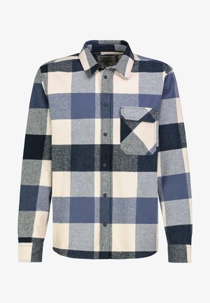 Blau-grau kariertes Hemd aus weichem Stoff, mit durchgehender Knopfleiste, Kragen und einer Brusttasche mit kontrastierendem Design.