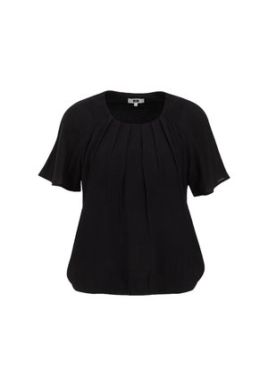 Blouse noire à manches courtes avec un col rond. Présente des plis doux et une coupe ample. Fabriquée en tissu léger avec une texture douce.
