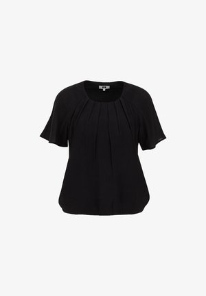 Blouse noire à manches courtes avec un col rond. Présente des plis doux et une coupe ample. Fabriquée en tissu léger avec une texture douce.